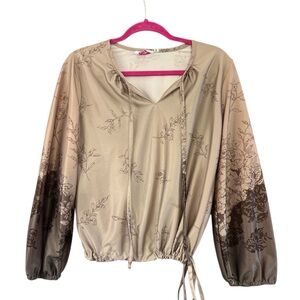 Vintage 1970’s Floral Polyester Billowed Sleeve Cinched Waist Retro Brown Top